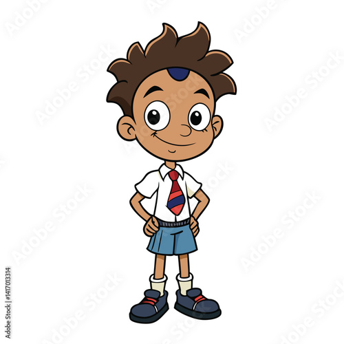 Smiling cartoon student boy in school uniform standing