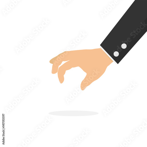 Hand dressed in a black suit reaching to pick up an object from a flat surface. Flat style vector illustration, EPS10