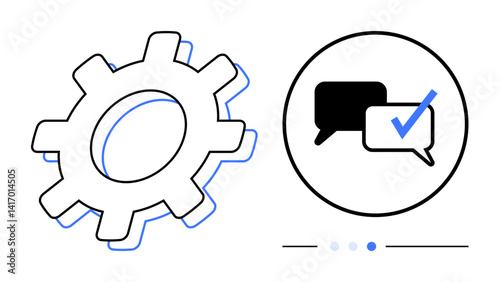 Gear alongside speech bubbles with a checkmark conveys collaboration, process automation, and task management. Ideal for teamwork, workflow, efficiency, approval process, communication