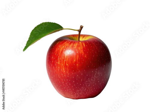 A ripe, juicy red apple, a healthy and delicious fruit, is isolated on a fresh white background, sometimes shown with a natural green leaf