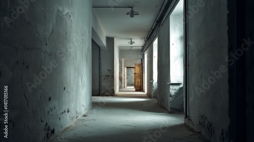 Wallpaper Mural A long, shadowy hallway leads to a sunlit door, evoking mystery and anticipation. Torontodigital.ca