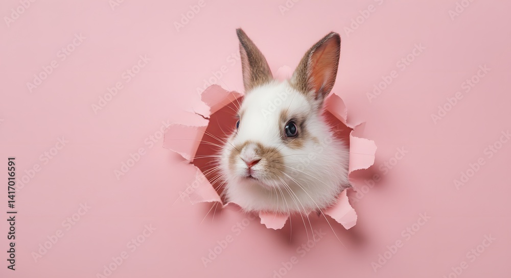 Obraz premium Adorable Bunny Peeking Through a Hole in Pink Paper: A Cute Easter Image