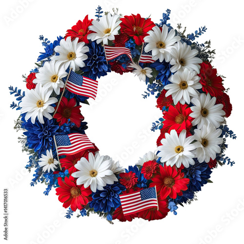 Patriotic floral wreath bursts with red white and blue daisies accented by miniature American flags symbolizing unity freedom and remembrance ideal for national holidays and patriotic decor