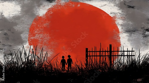 Two figures walk toward a sunset behind a fence.