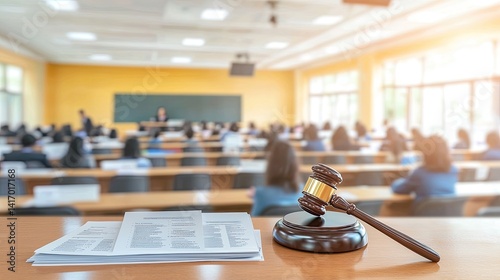 Gavel on table in large lecture hall.