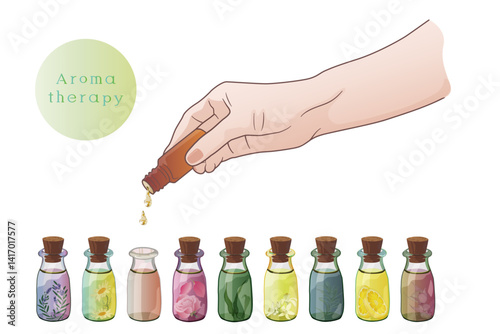 色々な香りの精油をブレンドして素敵な香りを作っているイラスト