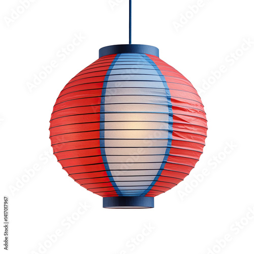 Bright round paper lantern casting a warm glow. Red blue and white design creates a vibrant decorative light fixture perfect for home decor and festive occasions