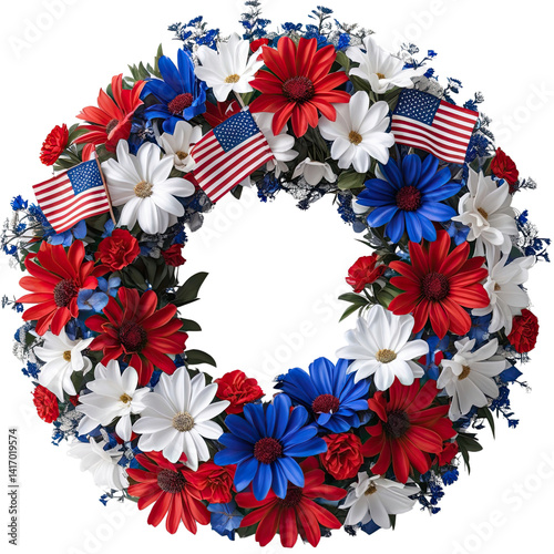 Patriotic floral wreath bursts with red white and blue daisies accented by miniature American flags symbolizing unity freedom and remembrance ideal for national holidays and patriotic decor