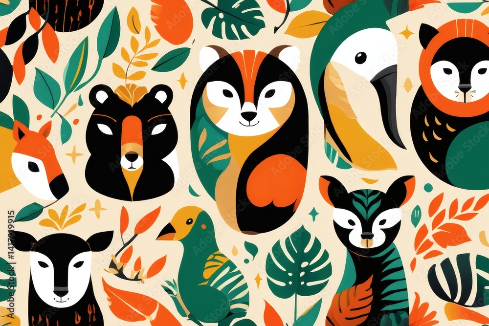 Seamless animal pattern vector illustration with bear fox and tropical leaves Seamless animal pattern vector illustration with bear fox and tropical leaves