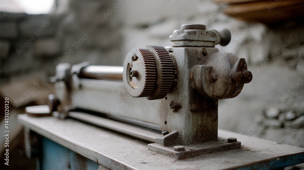 An industrial machine with exposed gears and rust sits in a vintage workshop, embodying history and mechanical prowess. An industrial machine with exposed gears and rust sits in a vintage workshop, embodying history and mechanical prowess.
