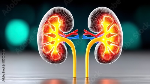 Detailed 3D Rendering of Human Kidneys with Bright Colors and Bokeh Background