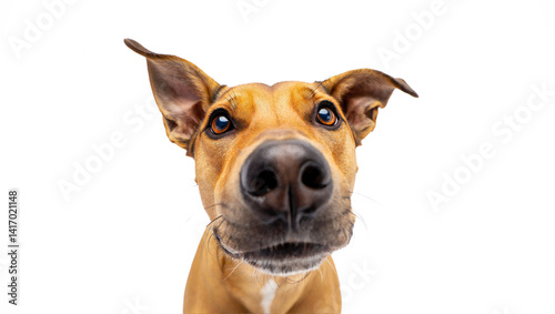 Funny dog portrait with big nose looking curiously at camera, wide-angle perspective. Humorous close-up of cute canine face isolated on transparent background. Image of playful pet personality.