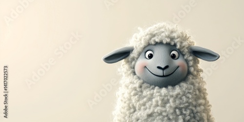 Smiling sheep posing on neutral background, farm animal pet