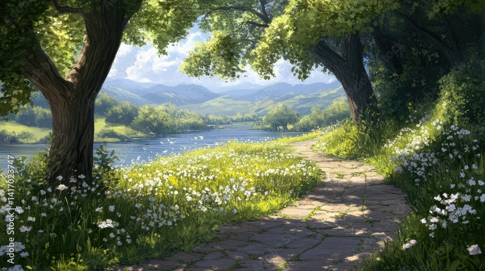 A illustrator nature serene landscape background with a winding path through lush green hills, dotted with wildflowers, under a dramatic sky, capturing nature's tranquil beauty and inviting adventure A illustrator nature serene landscape background with a winding path through lush green hills, dotted with wildflowers, under a dramatic sky, capturing nature's tranquil beauty and inviting adventure