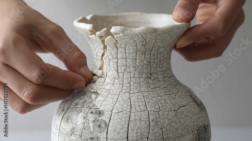 A close-up of a broken ceramic vase being carefully glued back together - vase cracked still