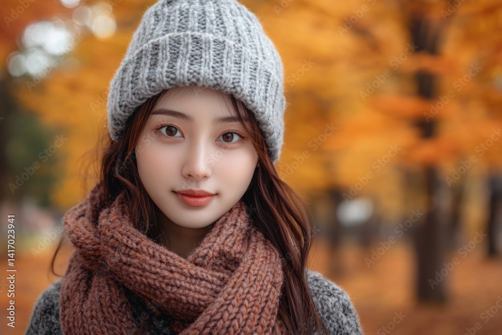 Asian young female with knit hat and scarf in autumn forest Asian young female with knit hat and scarf in autumn forest