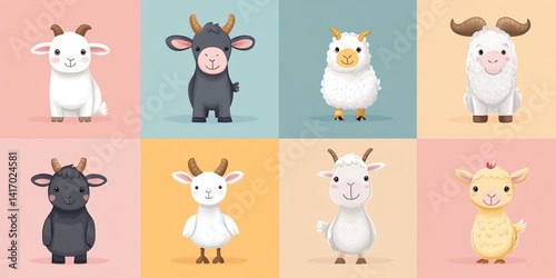 Eight adorable farm animals posing on colorful backgrounds