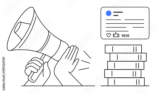 Hands holding a megaphone, stacks of coins, a social media post with thumbs ups and comments. Ideal for marketing, branding, social networking, teamwork, communication, influencers simple landing