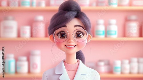 Friendly pharmacist in a bright and colorful pharmacy surrounded by medicine bottles
