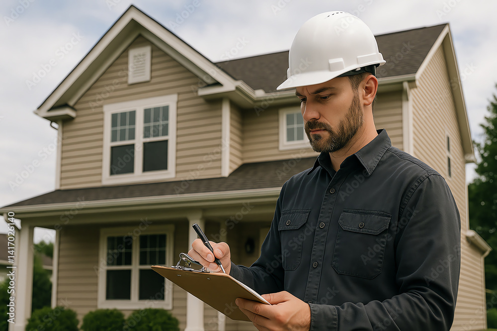 A professional man in a hard hat inspects a modern home, taking notes on a clipboard. This image represents building inspections, construction, and real estate assessment. A professional man in a hard hat inspects a modern home, taking notes on a clipboard. This image represents building inspections, construction, and real estate assessment.