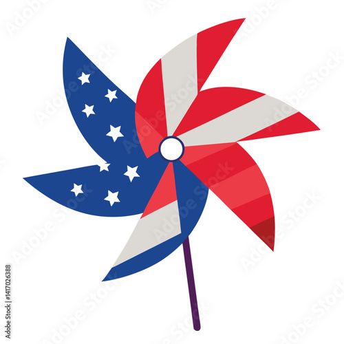 Patriotic pinwheel with wrapped USA flag on white background. 