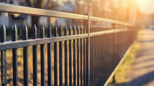Metal fence along a sidewalk, sunlight, trees, and houses blurred in background