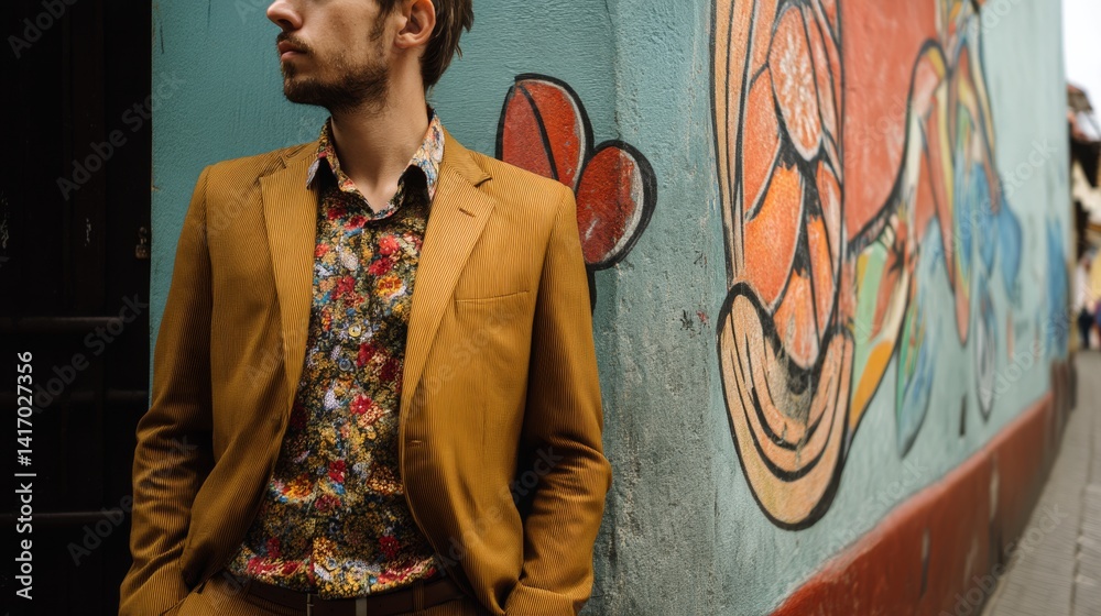 A fashionable man in a mustard suit stands against a vibrant mural, exuding confidence and style in an urban setting.