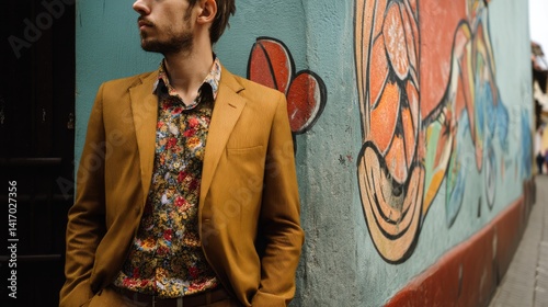 Obraz na płótnie A fashionable man in a mustard suit stands against a vibrant mural, exuding confidence and style in an urban setting. w salonie