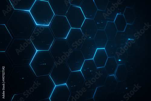 A futuristic, glowing hexagonal pattern presenting a digital interface