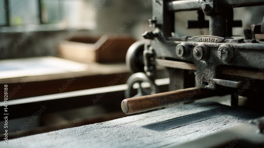 Fototapeta premium A close-up of an antique printing press in soft light, capturing intricate mechanics and aged textures.