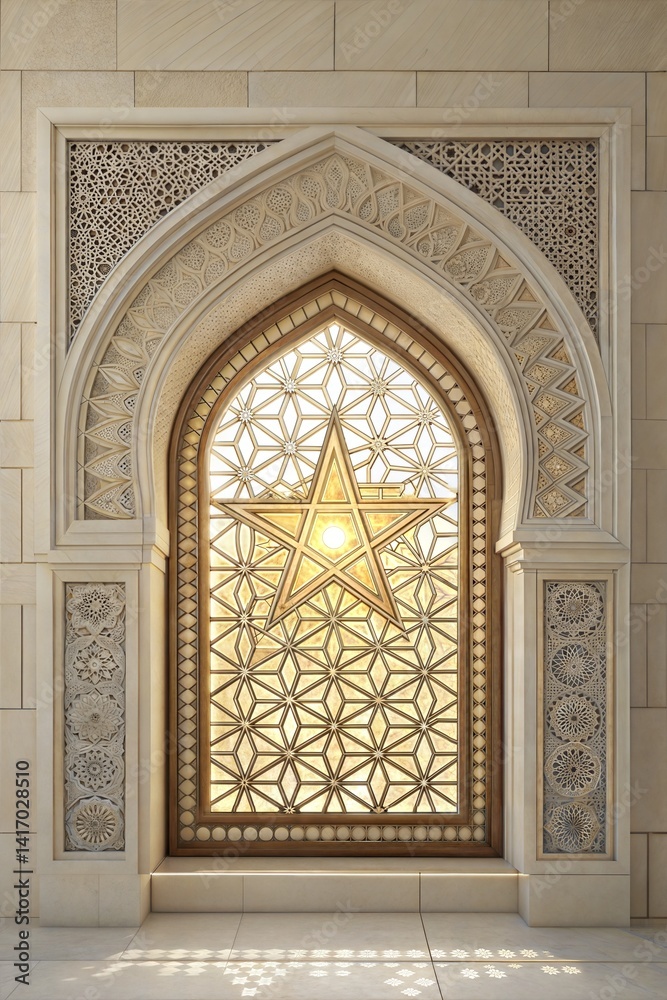 Fototapeta premium Intricate Islamic Window Design Illuminated by Sunlight 