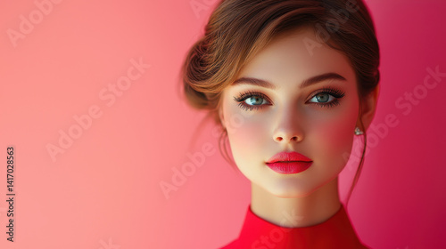 High-fashion model showcases elegant red and pink evening dress with bold makeup and sleek hairstyle