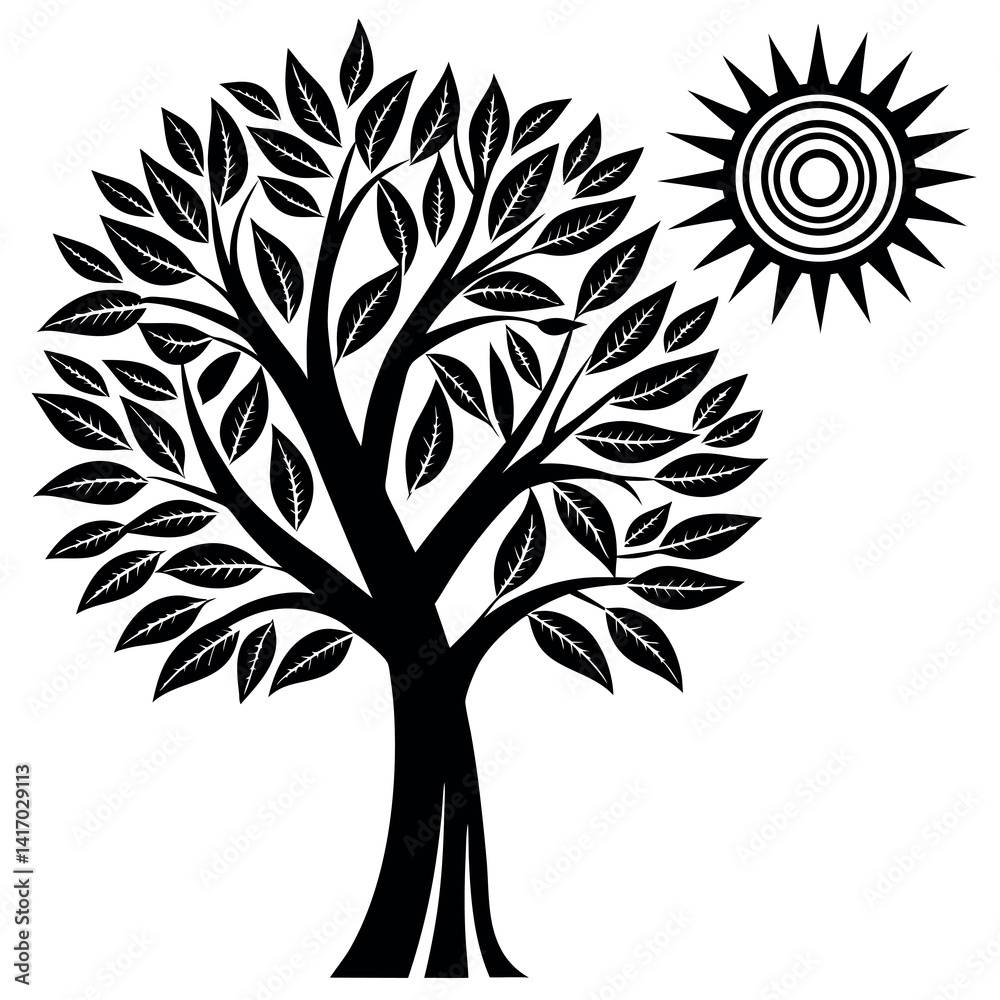 Obraz premium Tree with sun icon silhouette vector with white background.