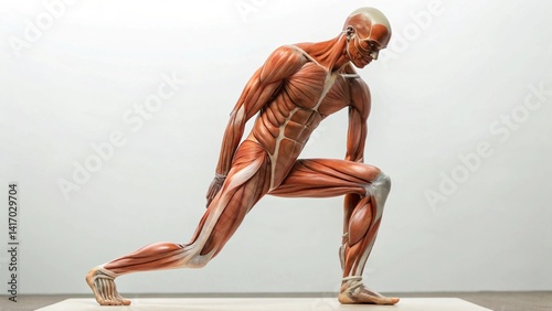Anatomical model of human musculature in a lunge position, showcasing muscle groups during exercise. Represents anatomy and fitness