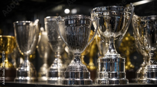 Multiple shiny trophies on a shelf, illustrating multiple accomplishments - shiny sizes shelf