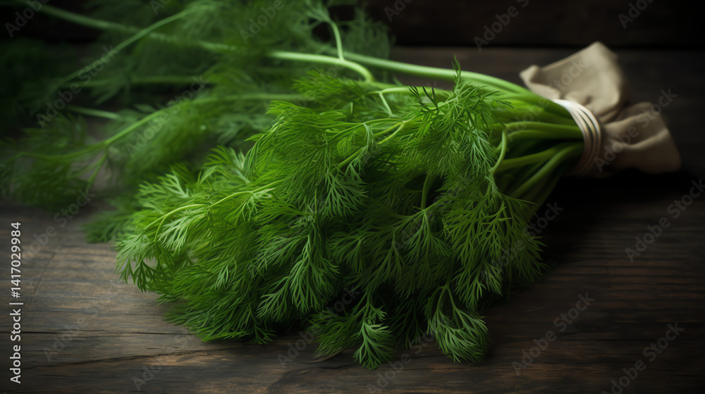 Fototapeta premium A vibrant bundle of fresh dill resting on a wooden surface brings a natural touch to your culinary creations Enhance your meals with this aromatic herb