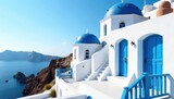 Blue and white building exterior, Grecian style, facade, commercial