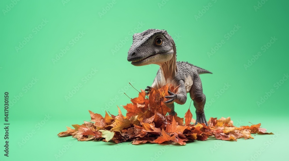 Naklejka premium Juvenile dinosaur amidst autumn leaves.