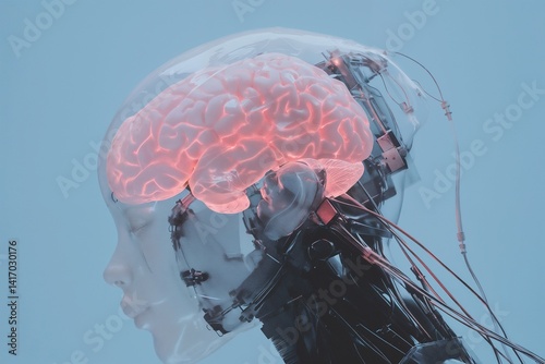 Close-up image of a brain seamlessly merging with technological elements, symbolizing the concept of artificial intelligence and the power of Generative AI.
