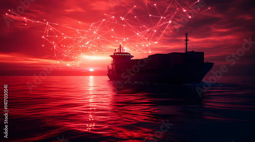 Global Logistics Network: A large cargo ship sails majestically on a crimson sea under a fiery sunset.