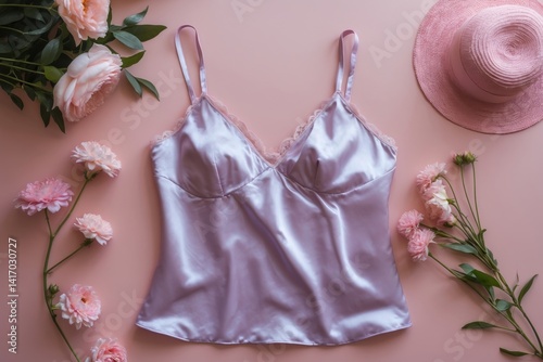 Elegant camisole with floral accents and hat.