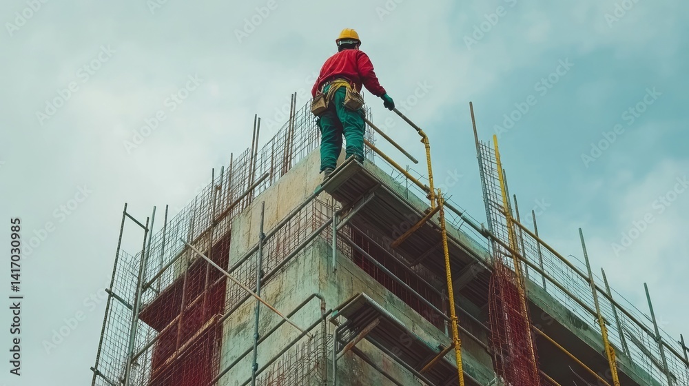 Fototapeta premium Construction worker stands atop scaffolding of unfinished building frame