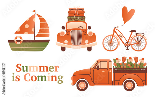 Set of different transport. Collection of vector isolated illustration. Flat Design. Clip arts with pickup truck full of summer flowers, bicycle, vintage red car, ship, text "Summer is Coming".