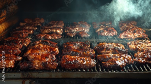 Grilled meat. Steaks sizzle with smoky aroma