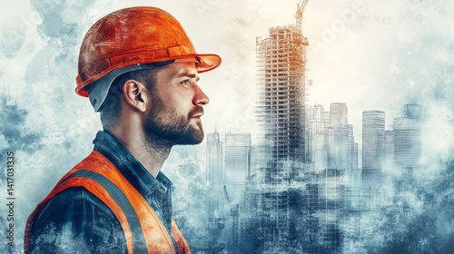 A construction worker overlooks a city skyline under development
