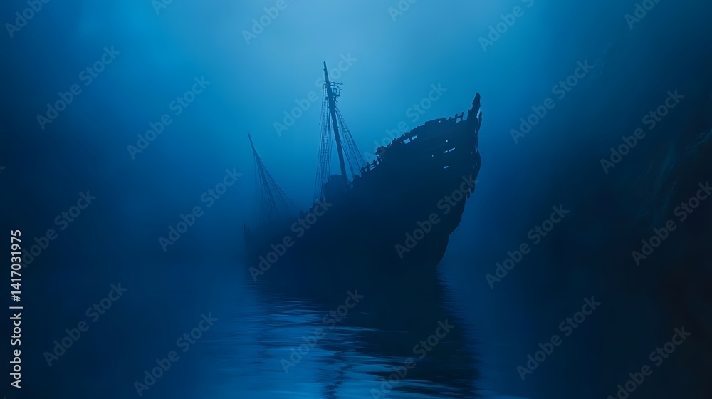 Naklejka premium Sunken ship silhouette in deep blue ocean