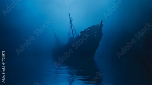 Sunken ship silhouette in deep blue ocean