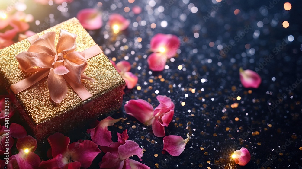 Fototapeta premium Glittery gift box resting on scattered orchid petals with spotlight