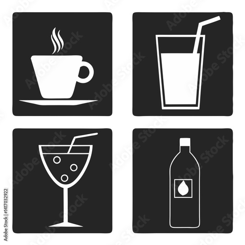 Coffee cup icon set with various drink symbols including coffee, tea, wine, beer, and cocktails in a vector design