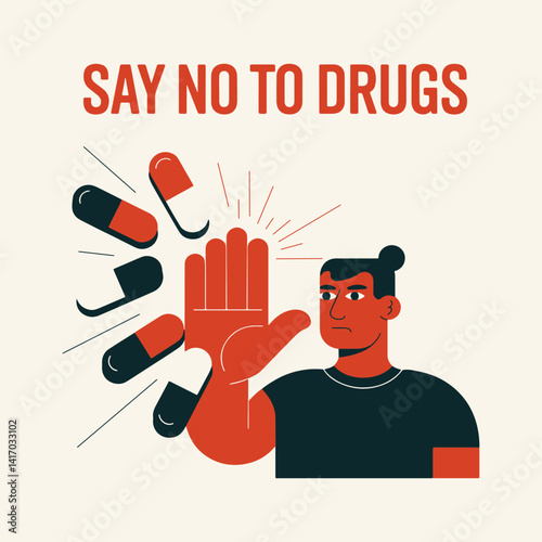 Stop Drugs Illustration With Hand And Capsules For Awareness Campaign